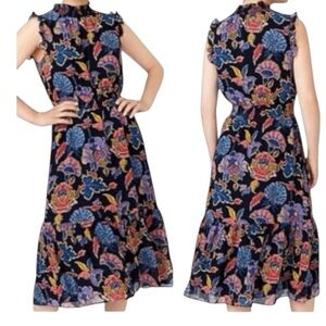 J. Crew Floral Smocked Ruffle Neck Midi Dress Womens 2X Navy Multicolor